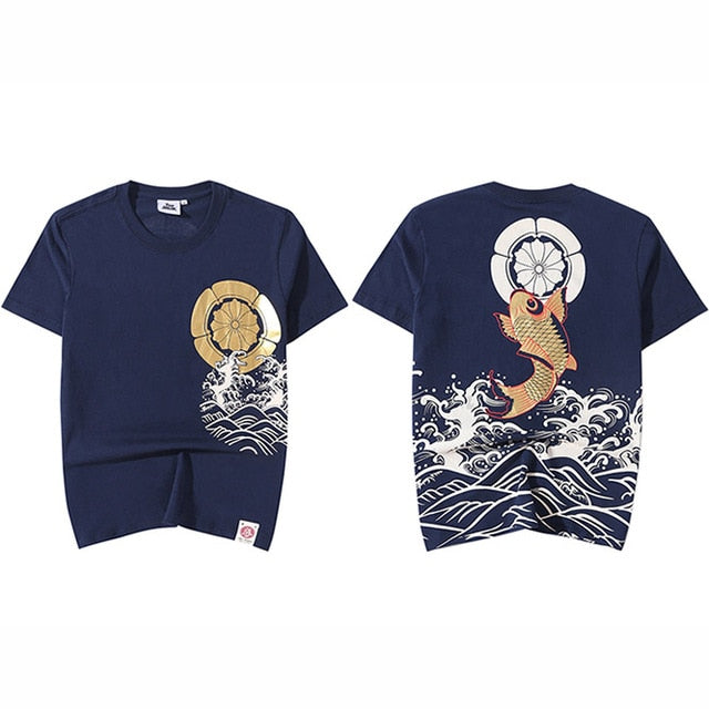 Men T Shirt Streetwear Japanese Harajuku Tshirt Koi Fish Wave Print Hip Hop T-Shirt Short Sleeve Summer Cotton Tops Tees | Vimost Shop.