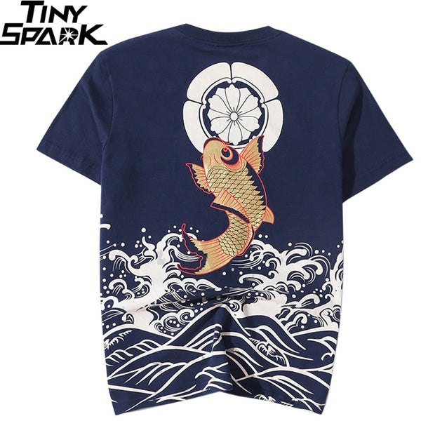 Men T Shirt Streetwear Japanese Harajuku Tshirt Koi Fish Wave Print Hip Hop T-Shirt Short Sleeve Summer Cotton Tops Tees | Vimost Shop.