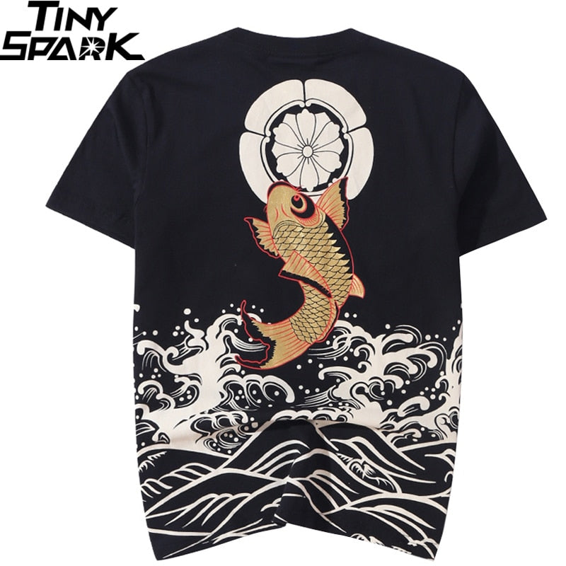 Men T Shirt Streetwear Japanese Harajuku Tshirt Koi Fish Wave Print Hip Hop T-Shirt Short Sleeve Summer Cotton Tops Tees | Vimost Shop.