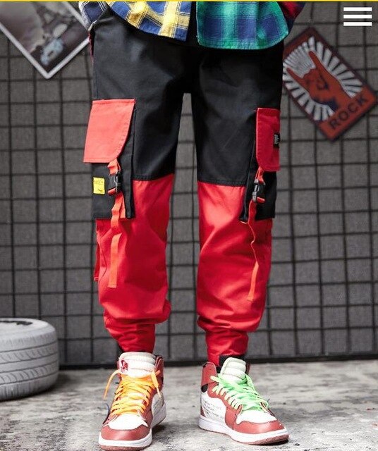 Men black red patchwork hip hop cargo pants man Japan style multi pockets sweatpants joggers | Vimost Shop.