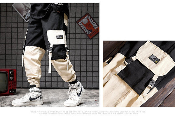 Men black red patchwork hip hop cargo pants man Japan style multi pockets sweatpants joggers | Vimost Shop.