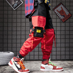 Men black red patchwork hip hop cargo pants man Japan style multi pockets sweatpants joggers | Vimost Shop.