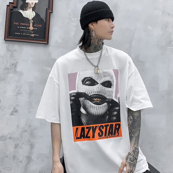 Oversize Hip Hop T Shirt Men Streetwear Harajuku Masked Man Print Tshirt Short Sleeve Cotton Casual T-Shirt Black Plus Size | Vimost Shop.