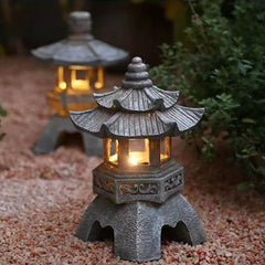 Decoration Zen Ornaments Solar Powered Tower Garden Statue Palace Lanterns Chinese Solar Lamp Stone Courtyard Pagoda Lantern