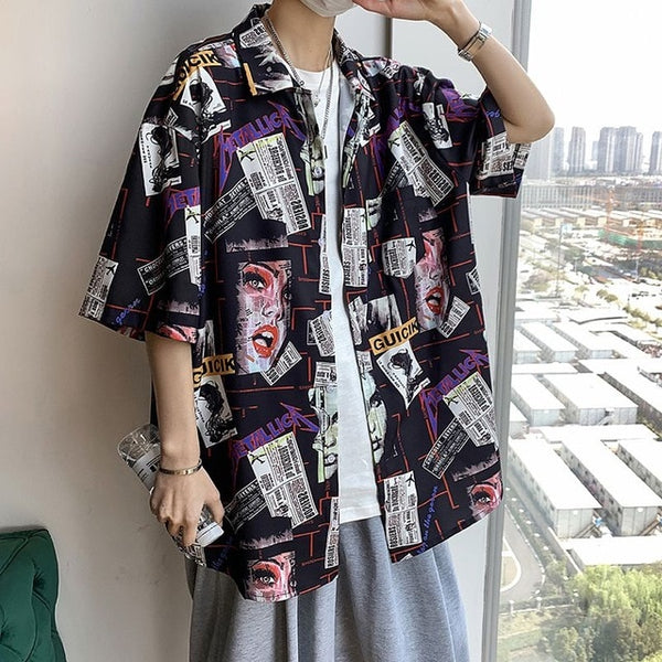 New Graffiti Pattern Mens Shirt Tops Playing Cards Printed Male Blouse Casual Half Sleeve Summer Floral Shirts | Vimost Shop.