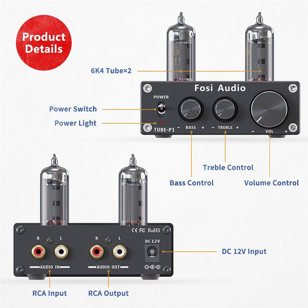 Audio P1 Tube Amplifier HiFi Stereo Buffer Preamp 6K4 Valve & Vacuum with Treble & Bass Tone Control For Smart Home - Vimost Shop