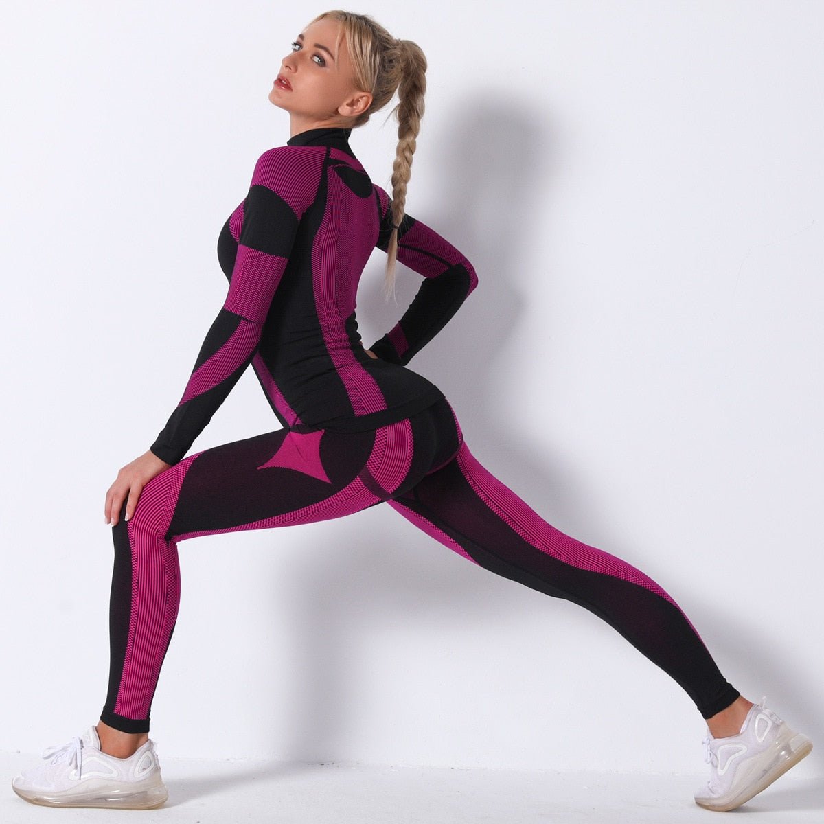 Autumn Color Patchwork Yoga Set Women Gym Clothes Fitness Long Sleeve Top Leggings Suit Push Up Workout New Tracksuit - Vimost Shop