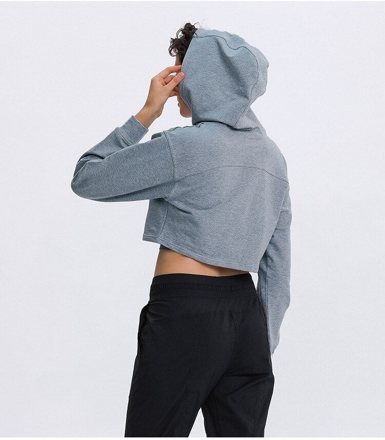 Autumn Cotton Yoga Sports Hooded Sweatshirt Fashion Solid Long Sleeve Crop Top Loose Hoodie Running Jogging Sportswear Outdoor - Vimost Shop