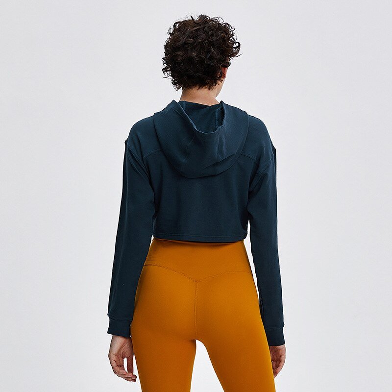 Autumn Cotton Yoga Sports Hooded Sweatshirt Fashion Solid Long Sleeve Crop Top Loose Hoodie Running Jogging Sportswear Outdoor - Vimost Shop