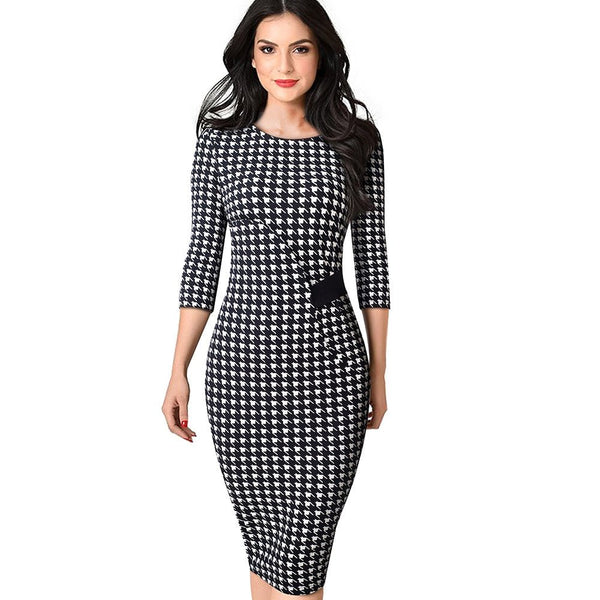 Autumn Elegant Printed Patchwork Dresses Business Bodycon Fitted Women Office Dress - Vimost Shop