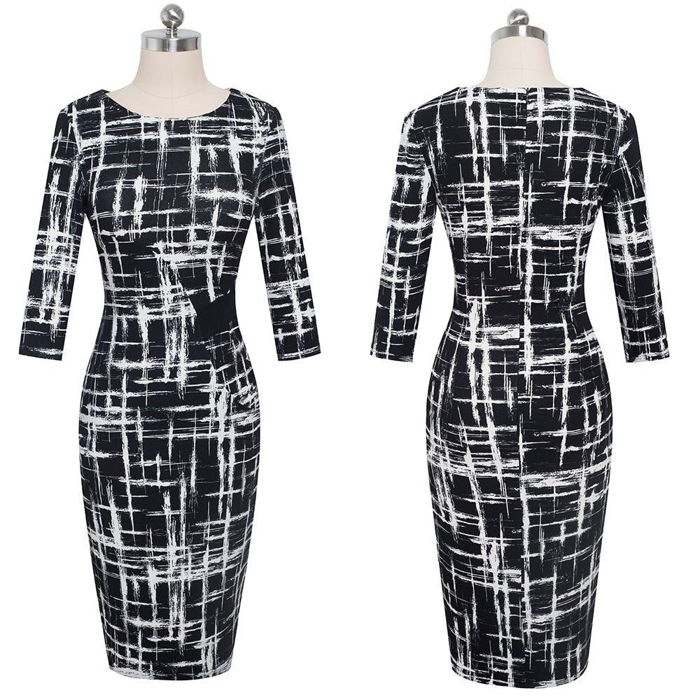 Autumn Elegant Printed Patchwork Dresses Business Bodycon Fitted Women Office Dress - Vimost Shop