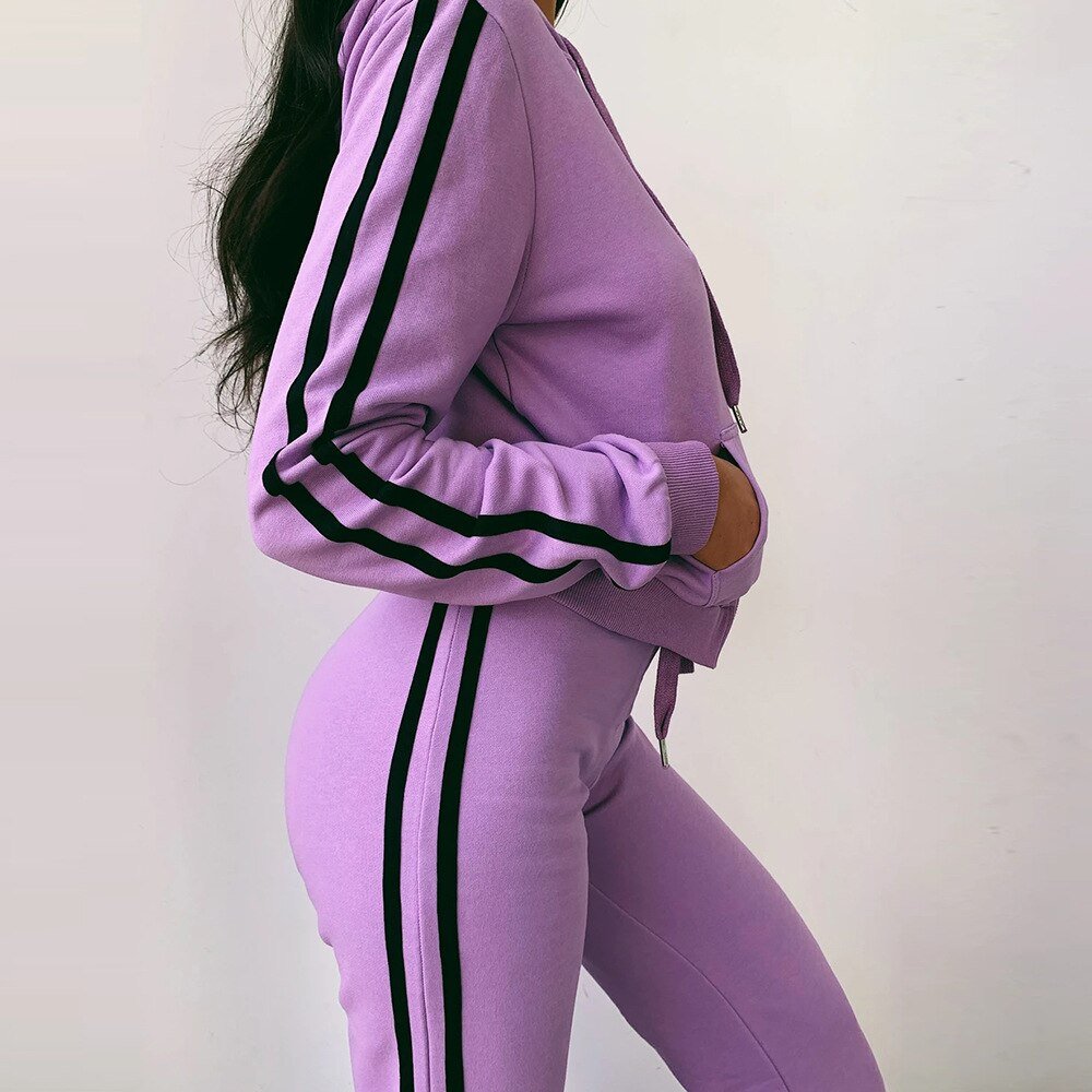 Autumn Hooded Zipper Tracksuit Set For Women Casual Gym Running Sports Work Out Outfits Striped Long Sleeve Pencil Pants Suit - Vimost Shop