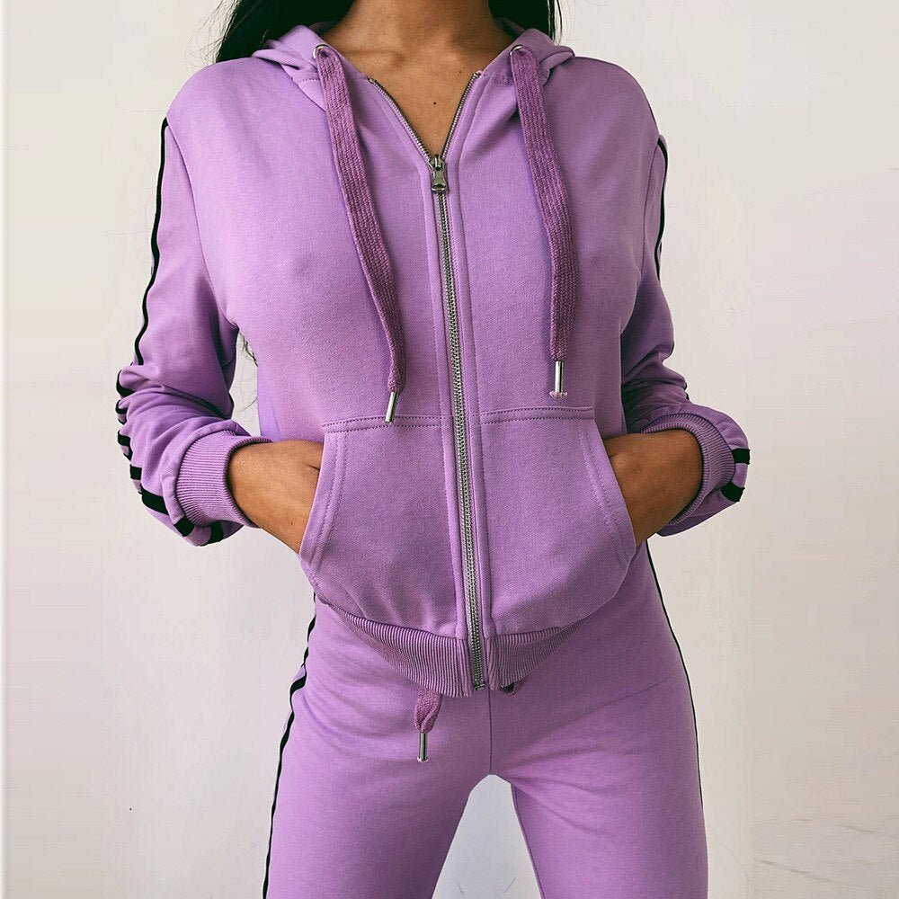 Autumn Hooded Zipper Tracksuit Set For Women Casual Gym Running Sports Work Out Outfits Striped Long Sleeve Pencil Pants Suit - Vimost Shop