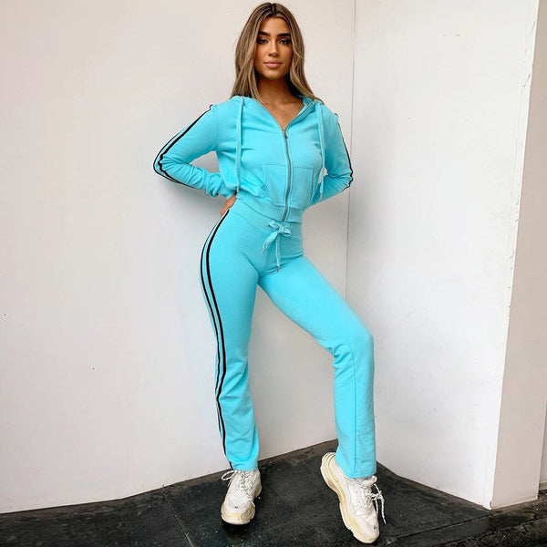 Autumn Hooded Zipper Tracksuit Set For Women Casual Gym Running Sports Work Out Outfits Striped Long Sleeve Pencil Pants Suit - Vimost Shop