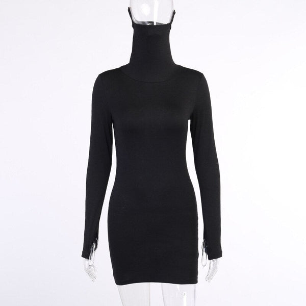 Autumn Hot Fashion Slim Long Sleeve Solid Black Women Dress With Face Mask Neck Short Mini Bodycon Street Dresses Vestidos - Vimost Shop