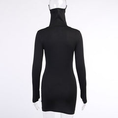 Autumn Hot Fashion Slim Long Sleeve Solid Black Women Dress With Face Mask Neck Short Mini Bodycon Street Dresses Vestidos - Vimost Shop