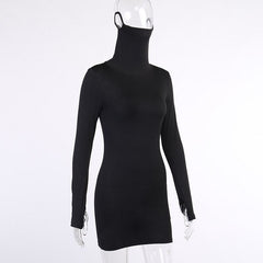 Autumn Hot Fashion Slim Long Sleeve Solid Black Women Dress With Face Mask Neck Short Mini Bodycon Street Dresses Vestidos - Vimost Shop