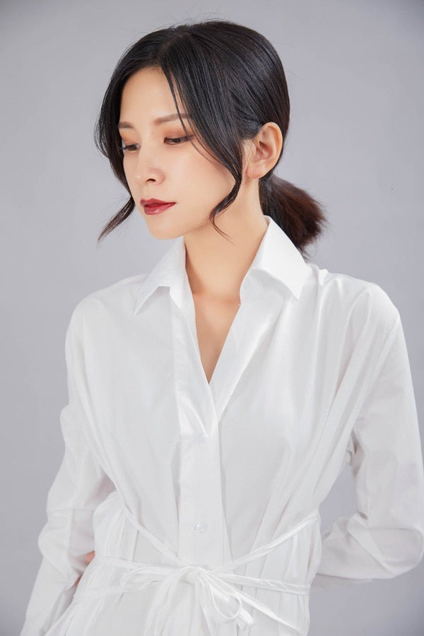Autumn Lapel Long Sleeve Button Bandage Stitch Pleated Irregular Shirt Dress Women - Vimost Shop
