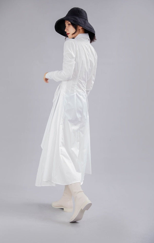 Autumn Lapel Long Sleeve Button Bandage Stitch Pleated Irregular Shirt Dress Women - Vimost Shop