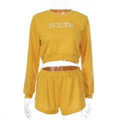 Autumn Letter Print Two Piece Tracksuit Set Casual Gym Sportswear Running Work Out Outfits Long Sleeve Crop Top Shorts Suit - Vimost Shop