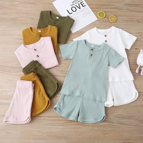 Baby Toddler Children Pajamas Clothing Set Solid Color T-shirt Shorts Two Piece Kids Home Lounge Clothes Girl Boy Sleepwear - Vimost Shop