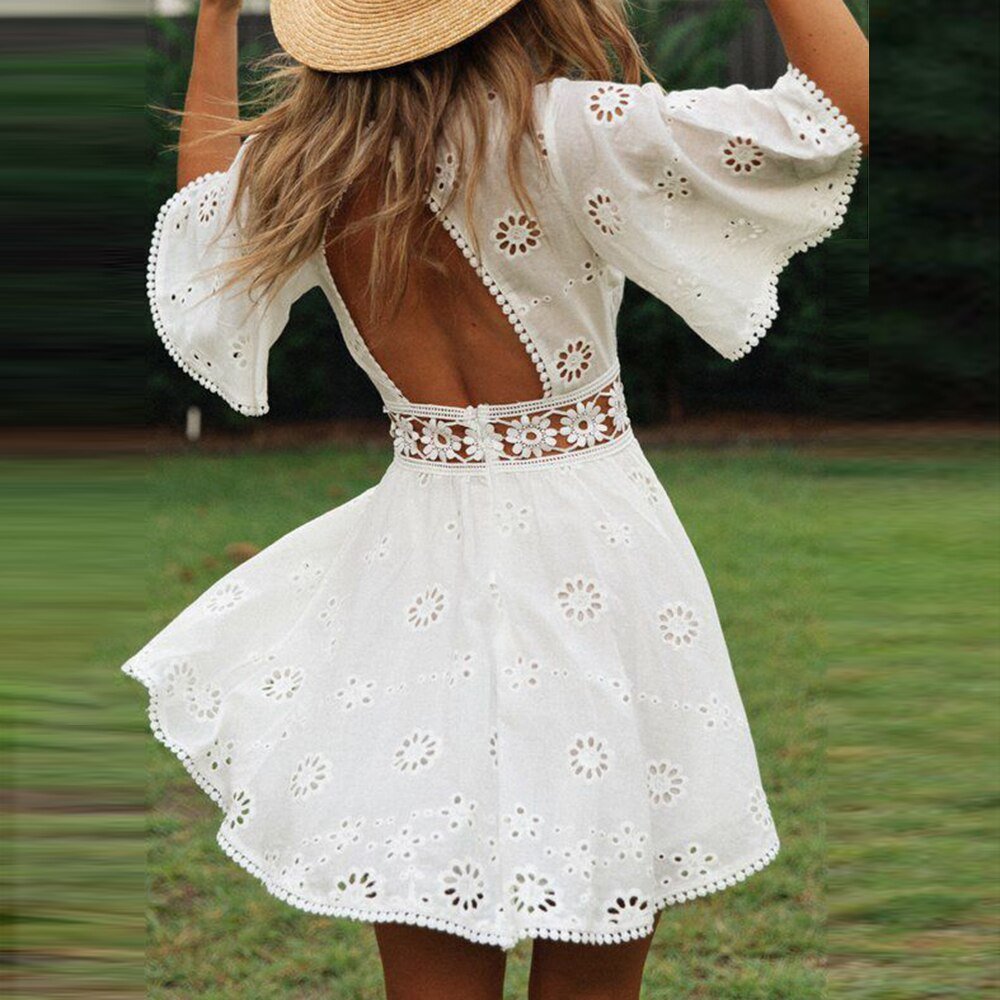 Backless Dress Short Sleeve Mini Cocktail Sundress Cotton+Lace Lady Casual Women Summer Dresses Sweet Cute Fashion - Vimost Shop