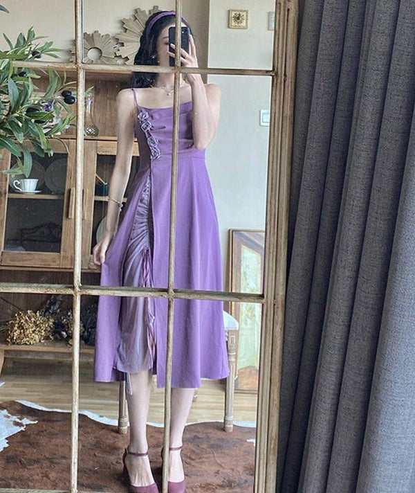 Bandage Ruched purple floral sexy dress girl French retro light mature style improved strap beach female DRESS - Vimost Shop