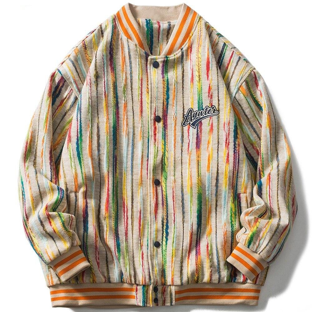 Baseball Jacket Men Colorful Knitted Striped Letter Embroidery Streetwear Men Loose Hip Hop Hipster Bomber Coats Autumn - Vimost Shop