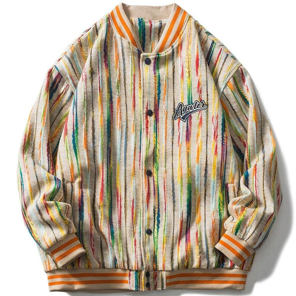 Baseball Jacket Men Colorful Knitted Striped Letter Embroidery Streetwear Men Loose Hip Hop Hipster Bomber Coats Autumn - Vimost Shop