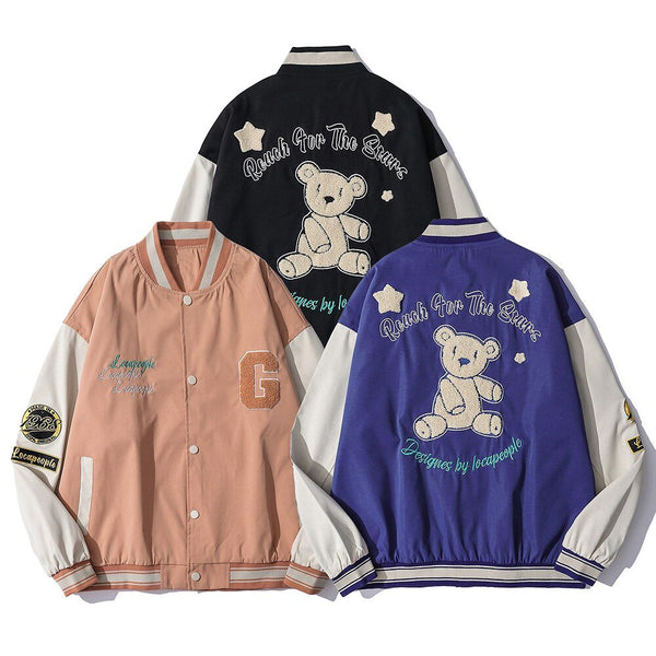 Baseball Jacket Men Cute Bear Patch Letter Embroidery Patchwork Streetwear Cozy High Street Retro Harajuku Varsity Coat - Vimost Shop