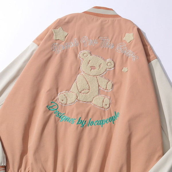 Baseball Jacket Men Cute Bear Patch Letter Embroidery Patchwork Streetwear Cozy High Street Retro Harajuku Varsity Coat - Vimost Shop