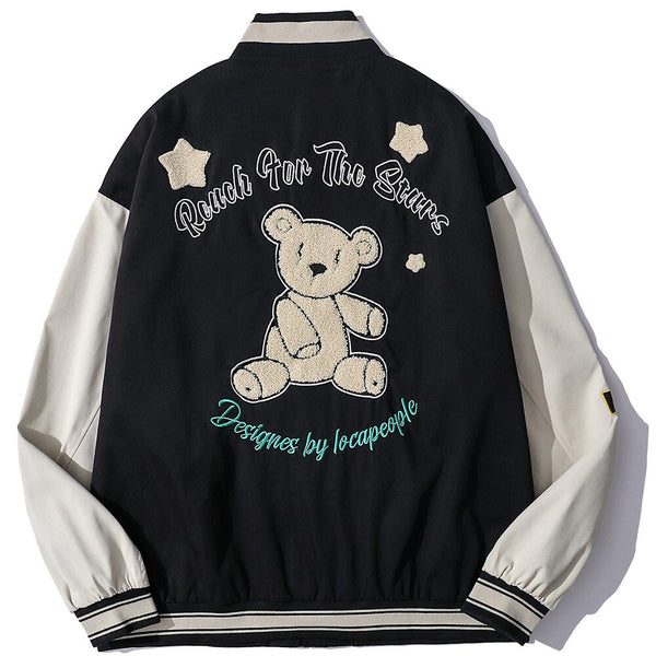 Baseball Jacket Men Cute Bear Patch Letter Embroidery Patchwork Streetwear Cozy High Street Retro Harajuku Varsity Coat - Vimost Shop