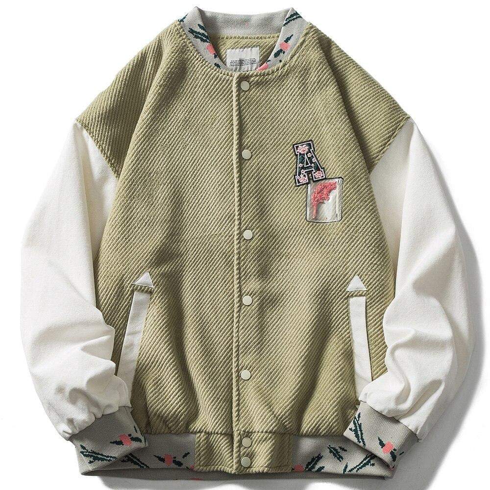 Baseball Jacket Men Flowers Letter Embroidery Color Block Patchwork Casual Harajuku High Street Bomber Coats Streetwear - Vimost Shop