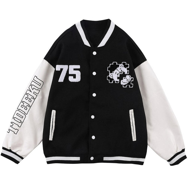 Baseball Jacket Men Furry Bear Patchwork Embroidery Letter Track Coats College Style Casual Outwears Couple Streetwear - Vimost Shop