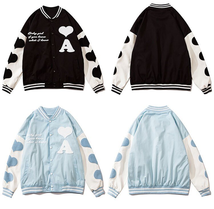 Baseball Jacket Men Leather Patchwork Furry Heart Patch Baggy Harajuku High Street Fashion All-match Bomber Coat Autumn - Vimost Shop