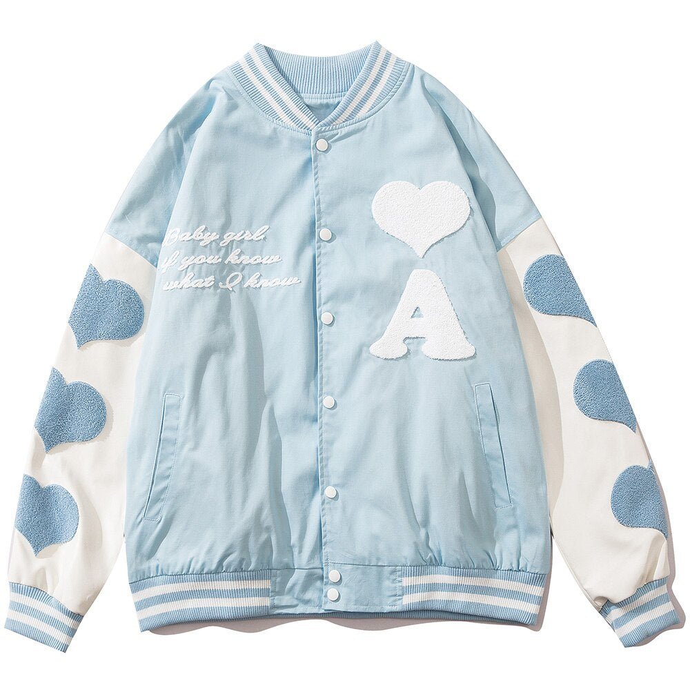 Baseball Jacket Men Leather Patchwork Furry Heart Patch Baggy Harajuku High Street Fashion All-match Bomber Coat Autumn - Vimost Shop