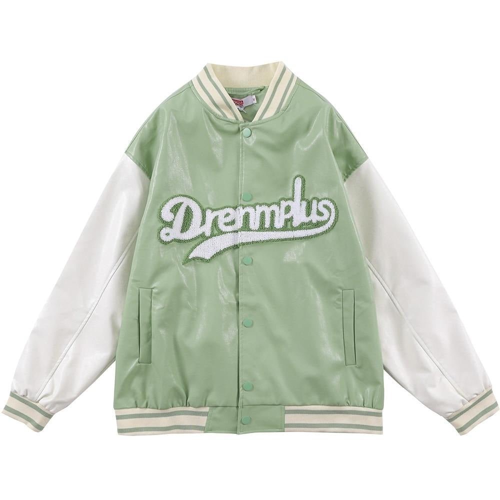 Baseball Jacket Men Retro Color Block Furry Patch Leather Bomber Coat Autumn Baggy High Street College Style Streetwear - Vimost Shop