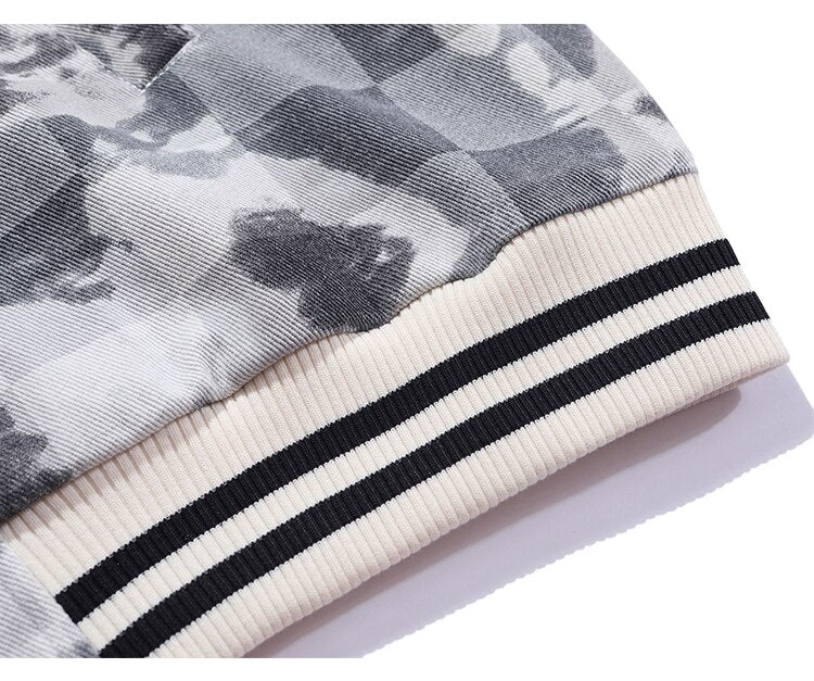 Baseball Jacket Men Tie Dye Checkerboard Printed Patchwork Bomber Coats V-Neck Harajuku College Style Streetwear Spring - Vimost Shop