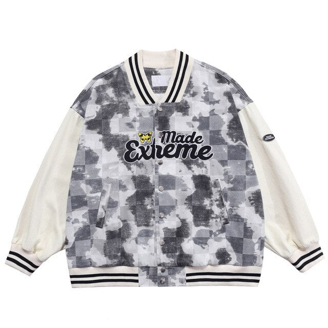 Baseball Jacket Men Tie Dye Checkerboard Printed Patchwork Bomber Coats V-Neck Harajuku College Style Streetwear Spring - Vimost Shop