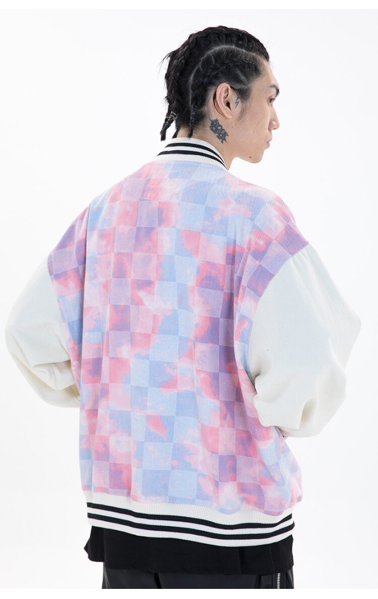 Baseball Jacket Men Tie Dye Checkerboard Printed Patchwork Bomber Coats V-Neck Harajuku College Style Streetwear Spring - Vimost Shop