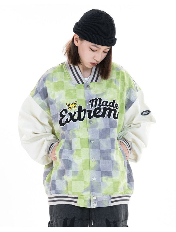 Baseball Jacket Men Tie Dye Checkerboard Printed Patchwork Bomber Coats V-Neck Harajuku College Style Streetwear Spring - Vimost Shop