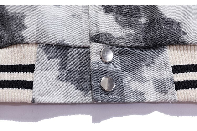 Baseball Jacket Men Tie Dye Checkerboard Printed Patchwork Bomber Coats V-Neck Harajuku College Style Streetwear Spring - Vimost Shop
