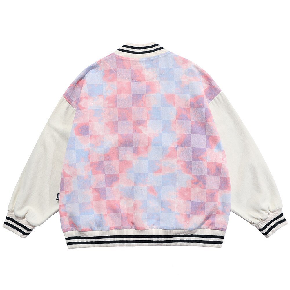 Baseball Jacket Men Tie Dye Checkerboard Printed Patchwork Bomber Coats V-Neck Harajuku College Style Streetwear Spring - Vimost Shop