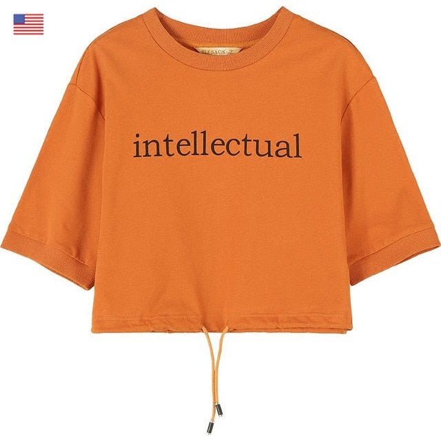 Basic Letter Print Women Crop Tops T-shirts, Autumn ELF Casual Daily Tee - Vimost Shop