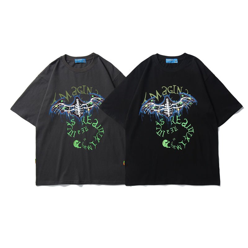 Bat Skull Print T Shirt Men Hip Hop T-Shirts Streetwear Summer Tshirt Short Sleeve Cotton Oversized Gray Tops Tees - Vimost Shop