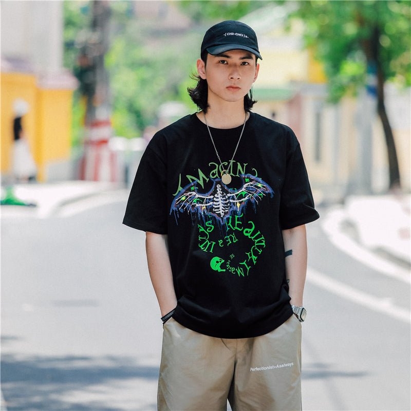 Bat Skull Print T Shirt Men Hip Hop T-Shirts Streetwear Summer Tshirt Short Sleeve Cotton Oversized Gray Tops Tees - Vimost Shop