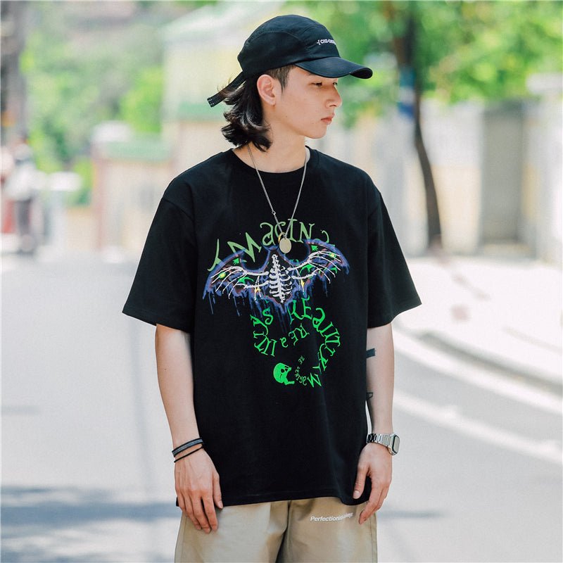 Bat Skull Print T Shirt Men Hip Hop T-Shirts Streetwear Summer Tshirt Short Sleeve Cotton Oversized Gray Tops Tees - Vimost Shop