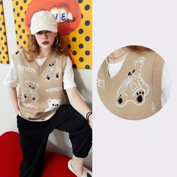 Bear Graphic Knit Pullover Women Casual Knitwear,Autumn V Neck Sleeveless Korean Ladies Basic Daily Sweater Vest - Vimost Shop