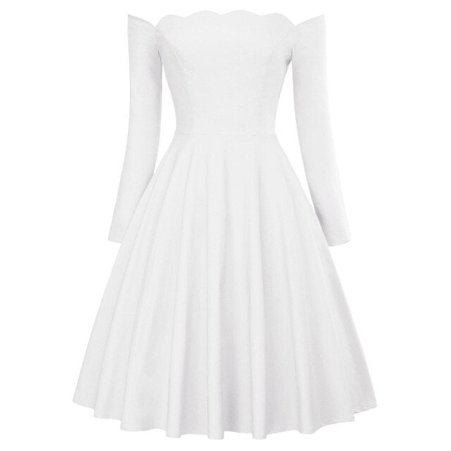 Belle Poque Women Dresses Retro Sexy Long Sleeve Off Shoulder Flared A-Line Dress Swing Knee Length Solid Fall Lady Dresses New - Vimost Shop