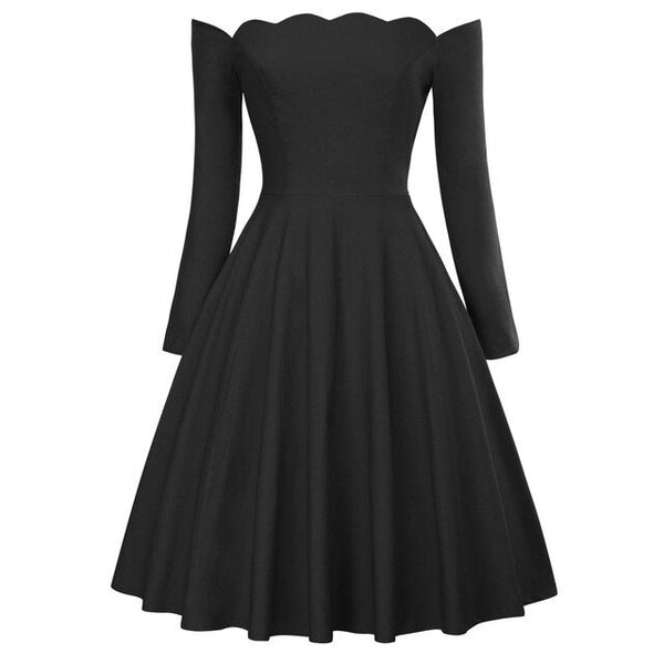 Belle Poque Women Dresses Retro Sexy Long Sleeve Off Shoulder Flared A-Line Dress Swing Knee Length Solid Fall Lady Dresses New - Vimost Shop